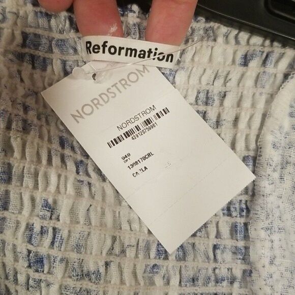 💕REFORMATION💕 Stilton Linen Top  Pompadour Blue White Floral Bird Print 2 NWT - Picture 11 of 13